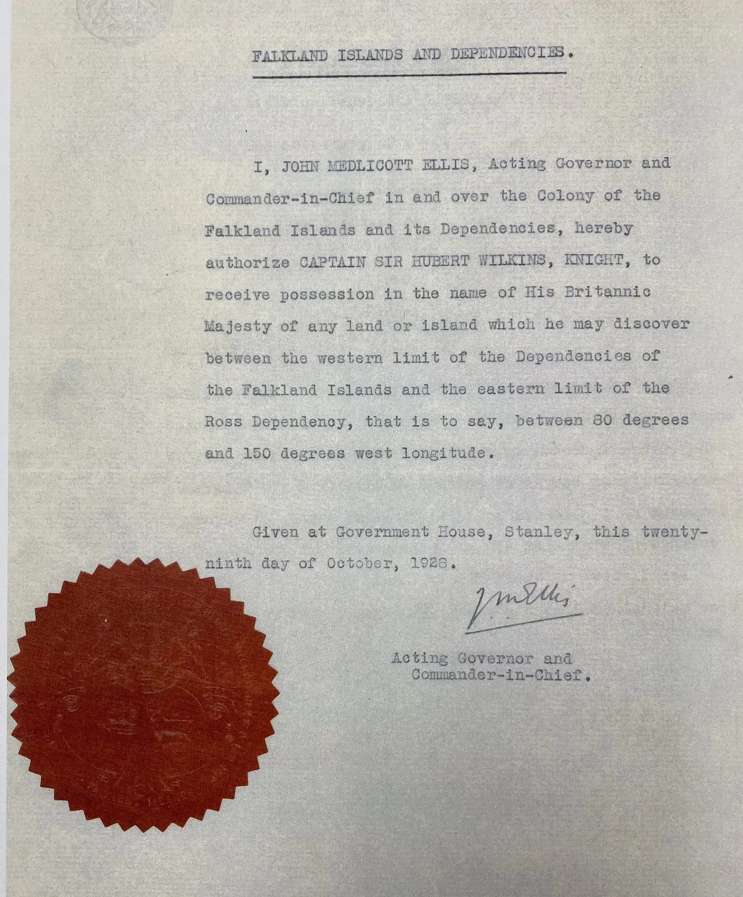 Captain Sir Hubert Wilkins, Knight, is to claim land for the British Empire (Sir George Hubert Wilkins Papers, Byrd Polar and Climate Research Center Archives)