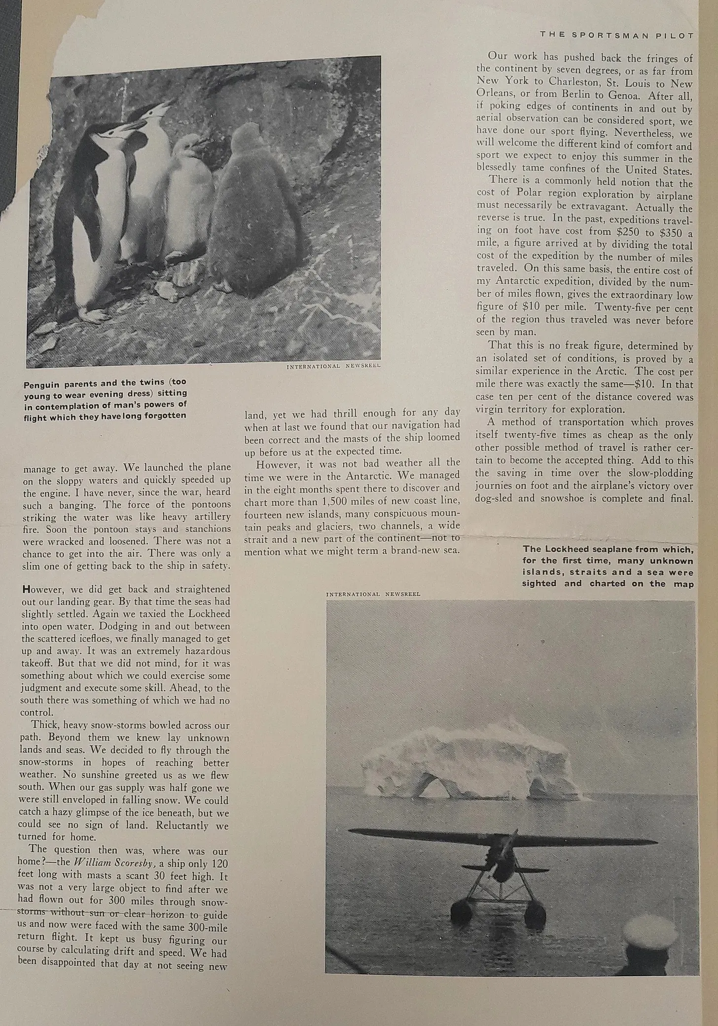 Magazine page with photos of penguins and a Lockheed seaplane in Antarctic waters, alongside an article on polar aviation and exploration.