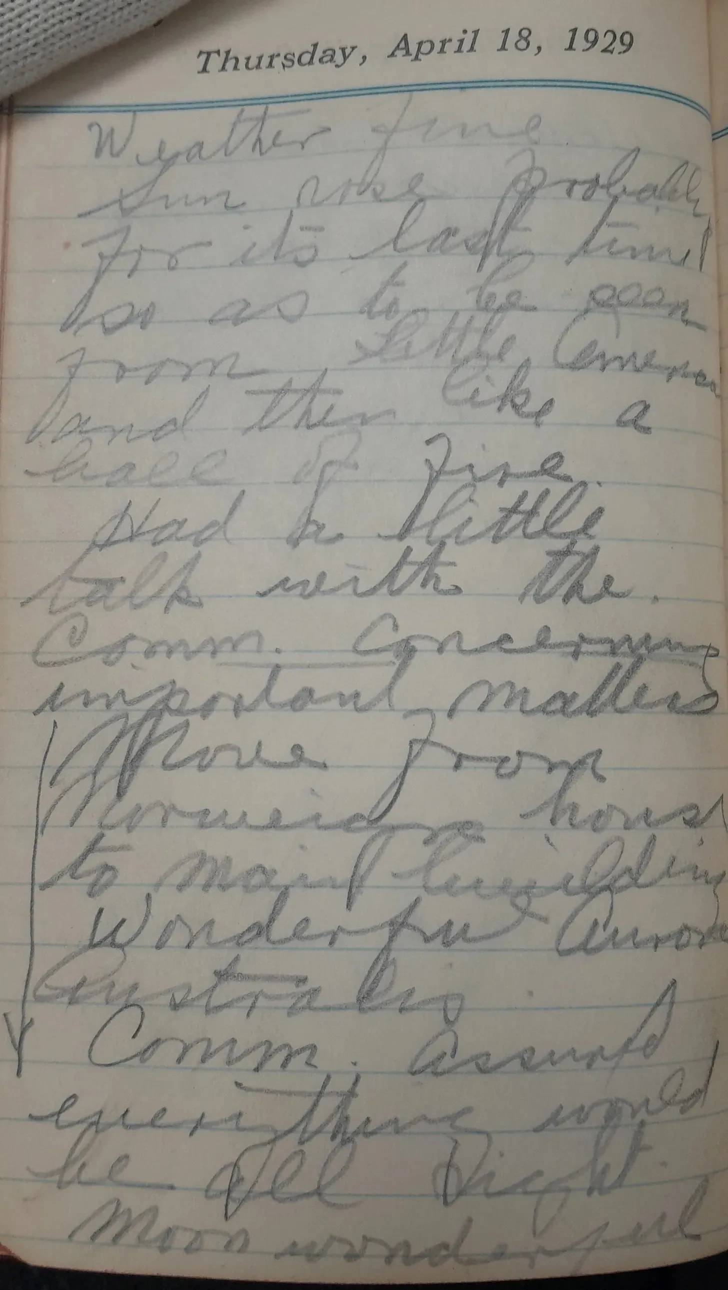 handwritten diary page dated Thursday, April 18, 1929, filled with faint pencil cursive notes on blue ruled lines