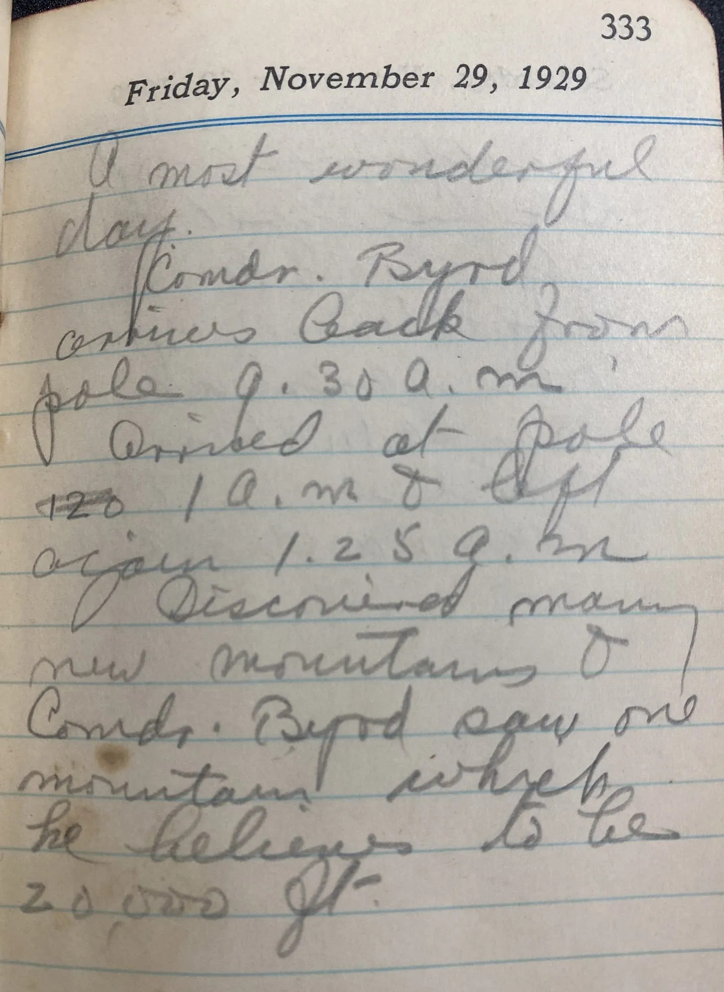 Diary page dated Friday, November 29, 1929 (p. 333) with handwritten notes describing “Comdr. Byrd” returning from the pole and reporting new mountains, with several times recorded.