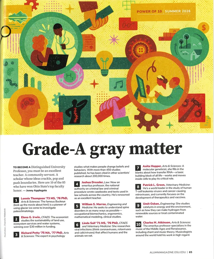 Illustrated magazine page titled “Grade-A gray matter,” featuring colorful graphics and a list highlighting ten distinguished Ohio State University faculty members recognized for excellence in research, teaching, and innovation.