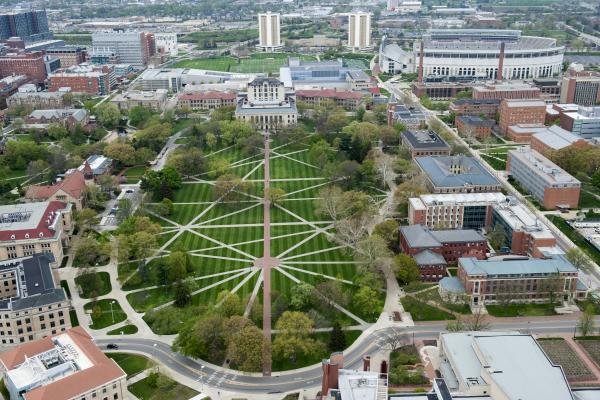 Ohio State accelerates climate action. Arial view of The Ohio State University Oval.