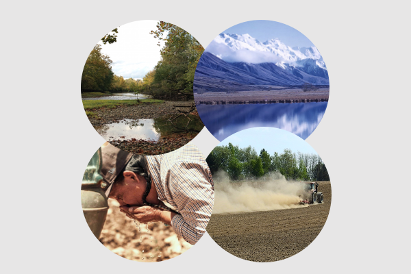 Byrd Symposium Image Logo. A circle with the Olentangy River, a snowy mountain, an agricultural landscape and a person drinking water from their hands