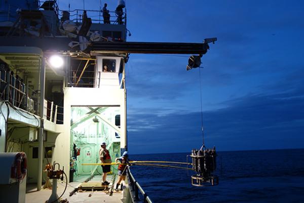 The view off a ship at dusk