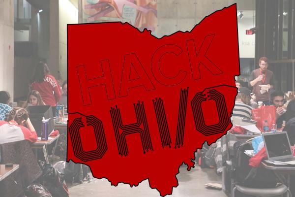 HackOHI/O logo. A red silhouette of the state of Ohio with the text " OHI/O"