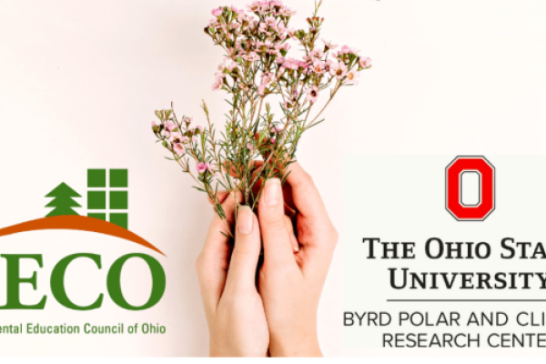 climate hope flyer. two hands holding a bouquet of pink flowers and the Ohio State University logo in the corner