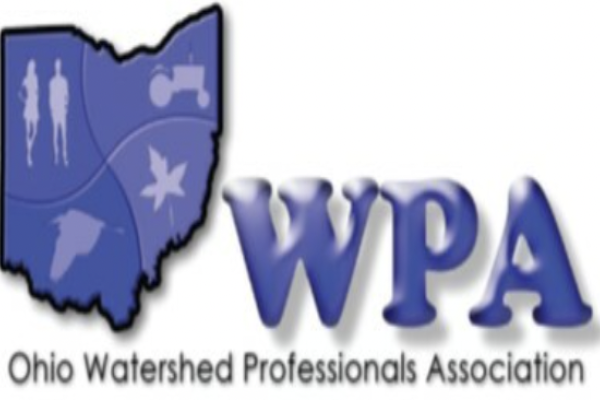 Watershed Professionals Association Logo. Purple outline of the state of Ohio with silhouettes of people, tractor, bird and leave inside it  