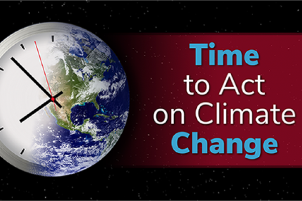 circle image half clock half earth and verbiage "Time to Act on Climate Change"