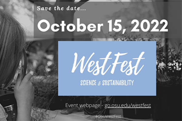 A black-and-white girl is outdoors looking at plant through magnifying glass. A blue WestFest logo with white text and the date of the event, October 15, 2022, overlay the background.