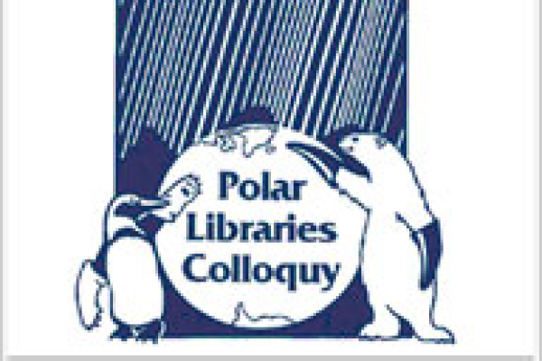 cartoon picture of penguin and walrus on stage on either side  of a ball resenting it with writing on it that says Polar Libraries Colloquy