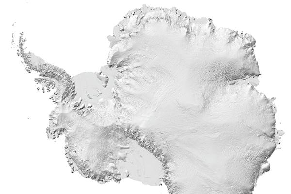 Map of the Reference Elevation Model of Antarctica (REMA), rendered with a hillshade. It looks like the continent of Antarctica with details for elevations and rock formations set against a white background.