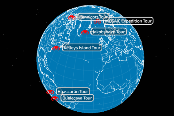 Animated image of blue globe in black background with continents and tour names highlighted in white