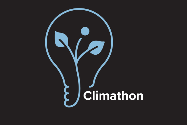 The updated Climathon logo. The logo is a blue drawing of a lightbulb with a plant growing inside. The corner of the logo reads "Climathon".