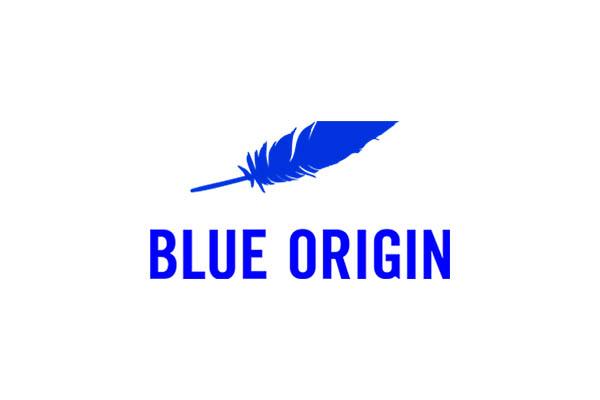 Blue Origin logo, a royal blue color feather in the middle of a white page with the words BLUE ORIGIN printed underneath in same color