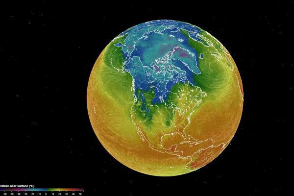 animated image of earth, centered on north America  with north pole in blue and part of N America green then yellow and orange in middle with black background