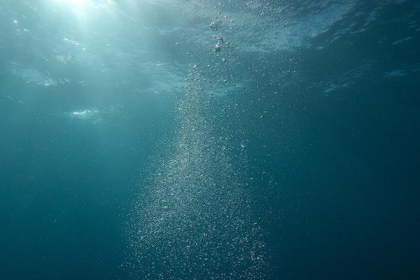 view looking up from the bottom of a body of blue water with light seen above the surface and air bubbles flowing to the surface