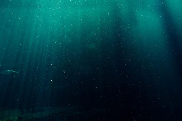 under a body of emerald green water, dark at the bottom with rays of light coming from above