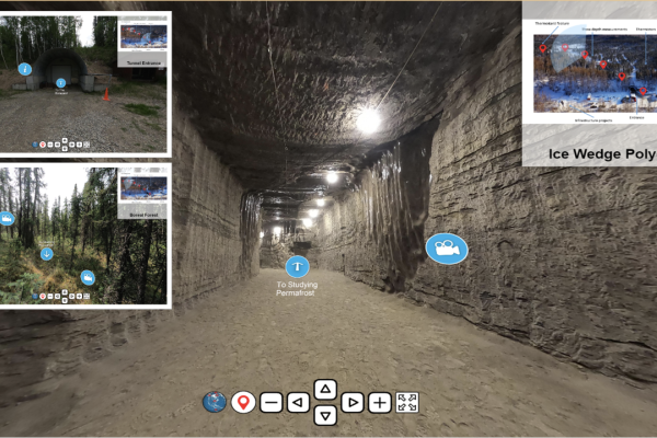Center image of looking down a square tunnel of dirt on every side with wires and lighting going though the tunnel on the ceiling. With 2 inserts on the left and one insert image on the right of other areas outside the tunnel. The main image also has icons to show interaction of map, left, right, forward, video etc.