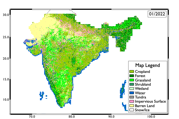 Map of India in green with some outline of blue and some yellow at the top, with a legend for colors included in the map showing land use and land cover classification January 2022
