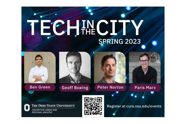 Flyer of Tech in the City Spring 2023 series with images of the speakers