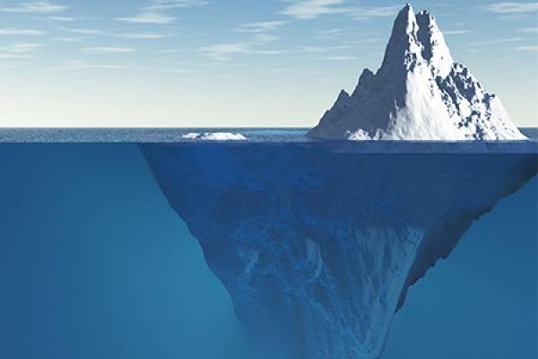 Graphic image of an iceberg in the water with the bottom of it showing under the water