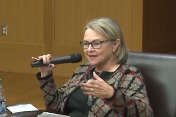 Ann Fisher sitting on a couch speaking in a hand held microphone