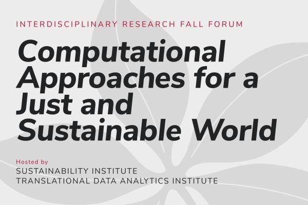 Image with a large buckeye leaf watermark and text:  Interdisciplinary Research Fall Forum Computational Approaches for a Just and Sustainable World presented by Sustainability Institute and Translational Data Analytics Institute