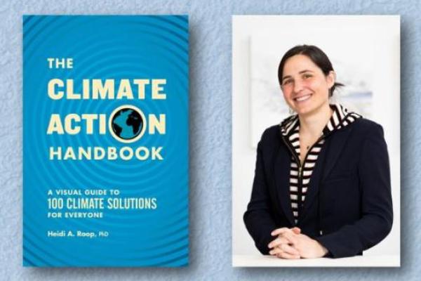 2 images side by side, a book with text: The Climate Action Handbook A visual guide to 100 climate solutions for everyone and an image of the author Heidi Roop