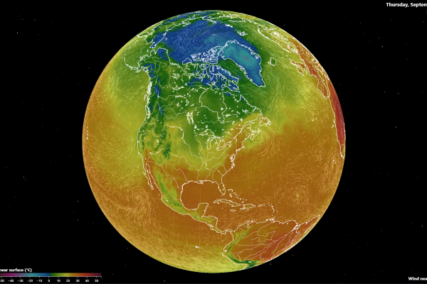 A screenshot of an interactive Fluid Earth in the middle of a black space sprinkled with stars. A color scale of temperature near surface(C) from -80 to 50 is at the bottom left and on the top right states Thursday, September 7, 2023 9:00 AM EDT—control buttons in the middle right and bottom right text state Wind near surface. 