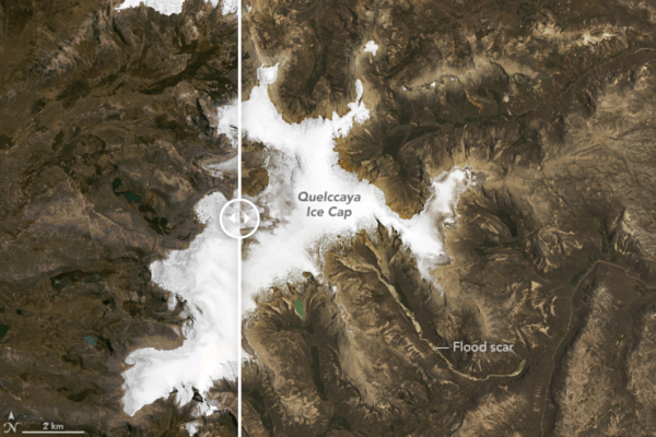 A split screen aerial  info graphic of the Quelccaya Ice Cap shows before and after ice melting at the top