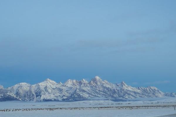 Snow covered ground and mountains in a distance under blue skies.