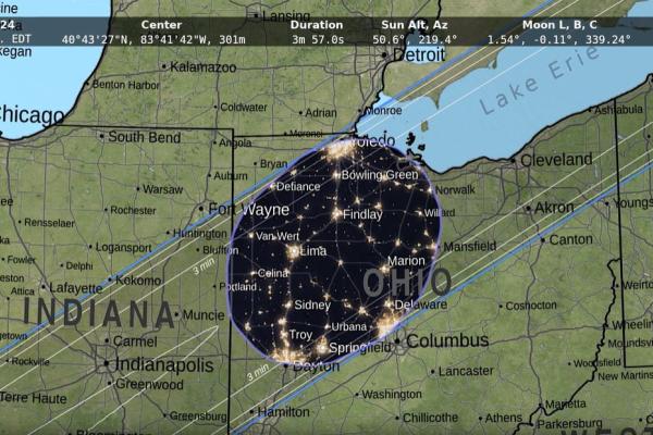 Map of Ohio and surrounding states showing the solar eclipse path or totality. 