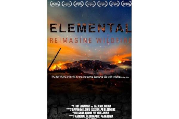 Flyer with image of mountain and fires in a distance around it and embers flying around under blue skies. text says elemental reimagine wildfire  with credits