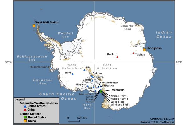 Map of Antarctica with different locations marked with colotful shapes and a legend on the map with bodies of water surrounding it, 