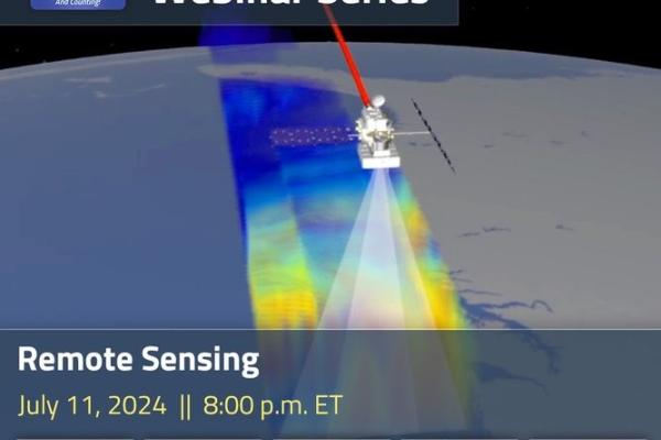GPM 10-in-10 Webinar series  with their logo and a satellite representation above a colorfdul surface with an image of 5 portrait at the bottom and text above: Remote Sensing July 11, 2024 || 8:00 p.m. ET