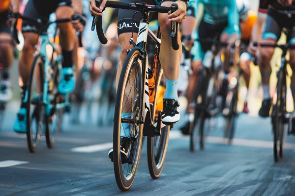 Close-up of a group of cyclists with professional racing sports gear riding on an open road cycling route