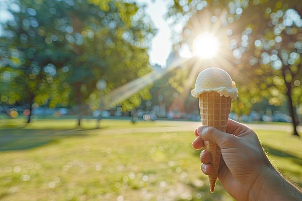 A hand holding a waffle cone with vanilla ice cream in green space.