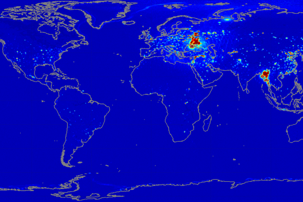 Map of the world in dark blue with land masses outlined and some patches of light blue, yellow and red mix.