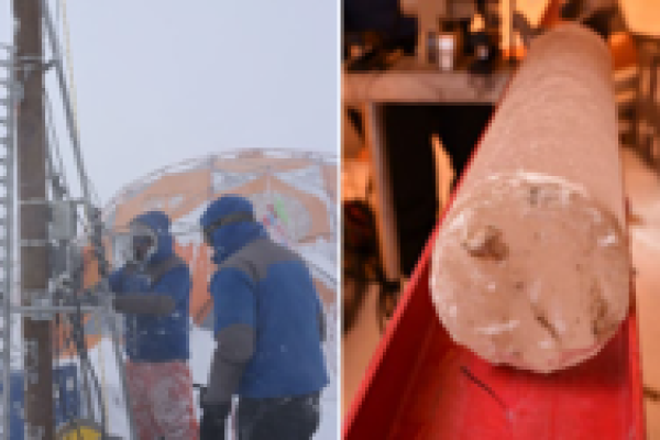 Side-by-side, to the left. two people outdoors in front of am orange tent in snow working with equipment. On the right, an image of the ice core in a red tray.  