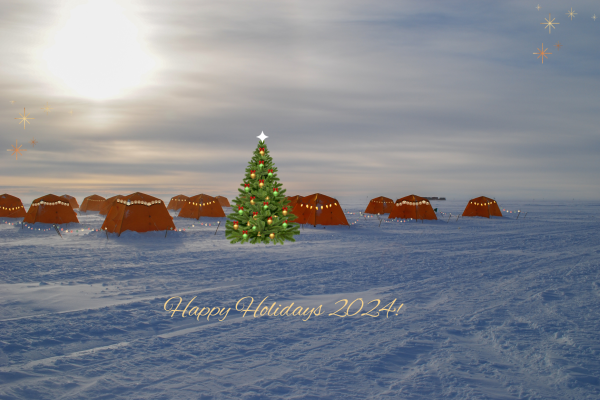 Happy Holidays 2024! white frame with gold accents with an image of tents on Whillans Subglacial Lake embellished with lights and a decorated tree.