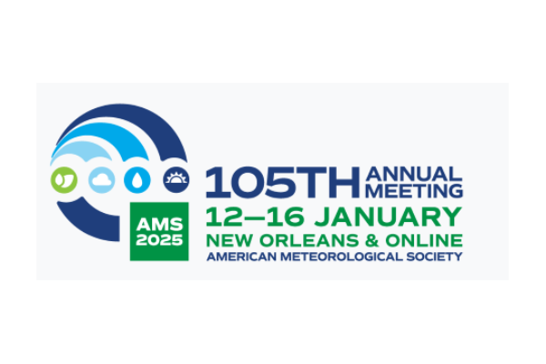 Logo for the 105th Annual Meeting of the American Meteorological Society, AMS 2025, scheduled for January 12-16 in New Orleans and online, featuring stylized weather icons like clouds and a satellite.