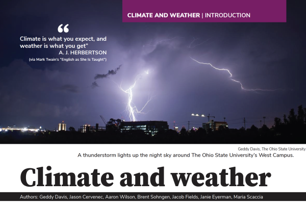 A thunderstorm illuminates the night sky with a bolt of lightning over The Ohio State University's West Campus. Inset text discusses the climate and weather, with a quote by A.J. Herbert. Attribution given to Getty Davis, Jason Cervenec, Aaron Wilson, Brent Sohngen, Jaco Fidel, Jamie Eyerman, Maria Saccia.