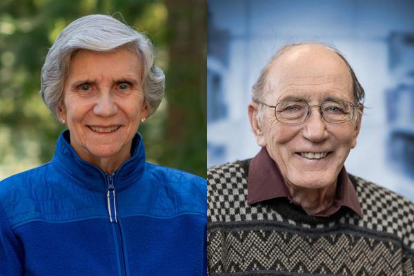 Two side-by-side portraits, a female in a blue jacket and a male in a sweater and glasses,, both smiling.
