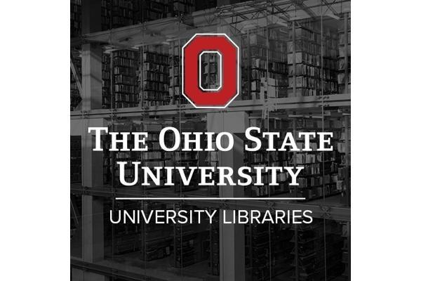 Logo of The Ohio State University over an image of the interior of a library with extensive bookshelves.