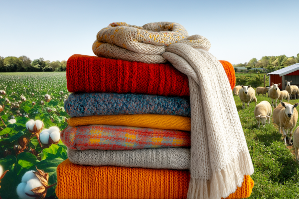 image of a stack of clothing with a cotton field and sheep in the background