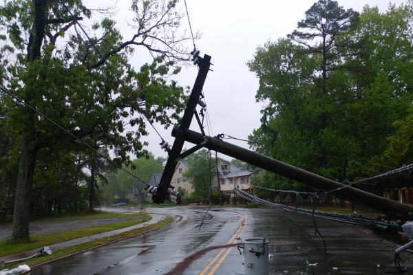 Storm damaged electric transformer on a pole and a tree