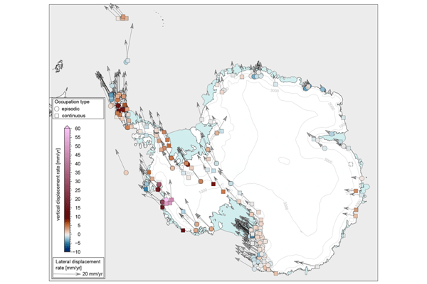 Map displaying ice concentration and movement around Antarctica, with color-coded areas showing ice concentration percentages and arrows indicating directional ice flow with a legend on the left. 