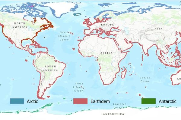 Map of continents with coastlines highlighted in red.