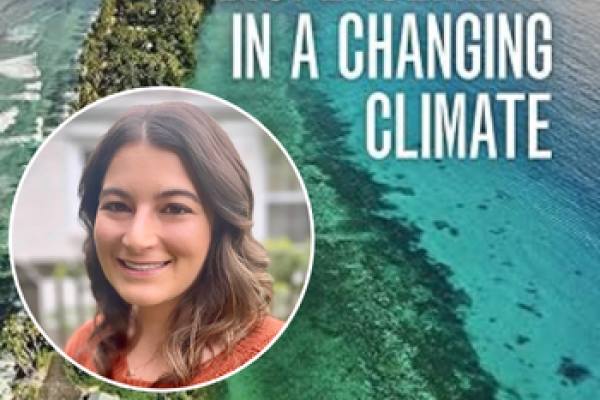 Promotional image featuring a coastal aerial view with the text 'Migration and Displacement in a Changing Climate', alongside a circular inset photo of an individual smiling.