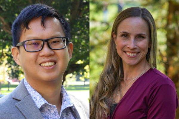 Portrait of two individuals smiling outdoors. On the left, a person with glasses wearing a gray blazer, and on the right, a person in a burgundy top.